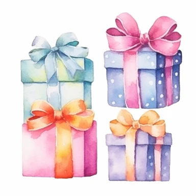 set of watercolors cute giftbox for kids book, white backgroun, clipart, clean and crisp