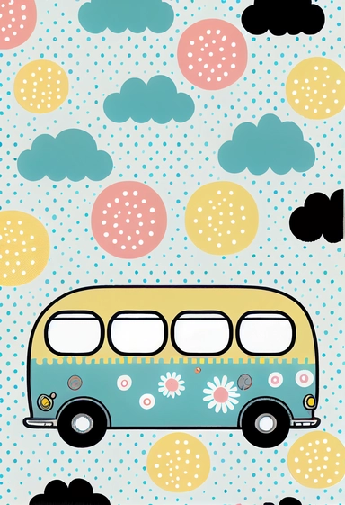 Cute happy baby bus bithday pattern, Clipart,by Dr. Seuss ，Blush and bashful background, illustration art