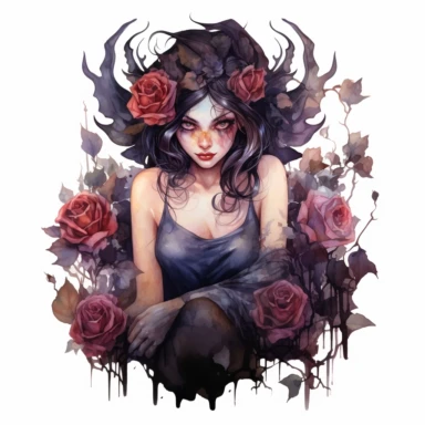 dark and evil fairy having dark roses near her, 8K, ultra details, isolated white background, clipart, hand drawn, hand drawn art, in the style of ultra-detailed watercolor hand drawn collections, HD watercolor collections, soft watercolor, inllustration, high-quality watercolor collections, hand-drawn watercolor collections, and precise watercolor collections made by a professional watercolor artist with attention to detail,