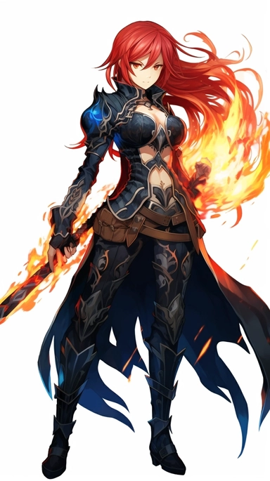 an anime character with red hair and blue flames, transparent background png clipart,anime,a city,a person with red hair and black clothes holding a sword in her hand,friends