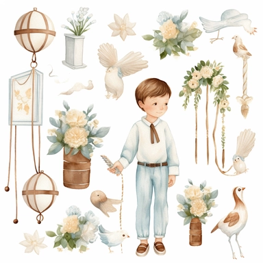 First communion illustrations clip art set, watercolor, white background, simple, soft colors, cartoon elements, boy, holy cross, white doves, tulips, peonies, eucalyptus branches, wooden rosary beads, powder blue, brown, flowers, first holy communion a little boy swings on a swing suspended on strings on a tree with a garland of lanterns and balloons