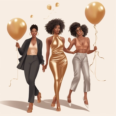 Clip Art, full body image Beautiful tall black woman brown skin tone dressed in Classy pants and blouse celebrating her her 25th birthday with two friends carrying gold balloons
