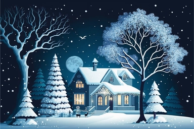 Stunning Vector clip art Christmas scene. frosty winter evening, snow is falling gently outside. The Christmas scene is one of festive cheer, as a cozy house is adorned with twinkling Christmas lights and colorful decorations. A tall Christmas tree with o