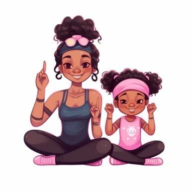 cute black chibi mommy and daughter doing yoga, smiling and wiearing a pink cap, clipart, childrens book charachter, must have correct number of fingers and toes
