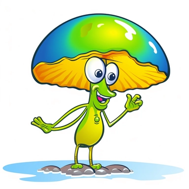 clipart, a dancing mushroom on the beach, green blue yellow, on white background