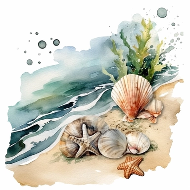 Create a captivating watercolor clipart illustration capturing the moodiness of the sea and beach, Picture a rugged coastline with crashing waves and dramatic clouds, Scatter beautifully rendered seashells along the shore, showcasing their intricate textures and muted colors, Use a dark and rich color palette to evoke a sense of mystery and depth, The artwork should be high-definition, with a spacious composition and a 3:2 aspect ratio, Present the final illustration on a white background, ensur