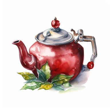 Watercolor Christmas teapot clipart, realistic and highly detailed, on white background, HQ, HD