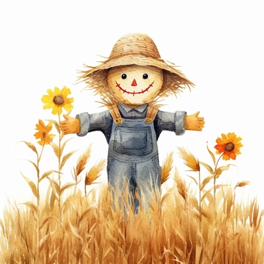 Halloween scarecrow in a field of wheat, full color, knitted painting texture, Perfect for nursery art and children's book illustration style, simple, cute, full color, clipart, watercolor illustration, single object, high definition 8k,white background for removing background - - no text shadow font watermark
