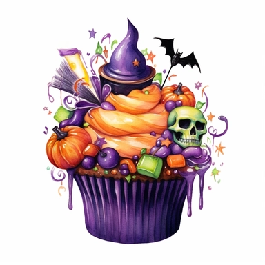 delicious Halloween cupcake with vibrant green, purple, orange, black, colours, witches hats, skulls, spiders and bats, pumpkins and candy confetti, owatercolour illustration clipart, extremely detailed, 4k, high quality, isolated on white background