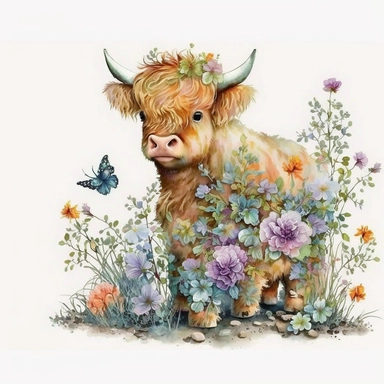 A captivating watercolor clipart: a lively highland calf dressed in adorable clothes, exploring a garden of blooming flowers. Playful and charming. HD quality. Resolution: