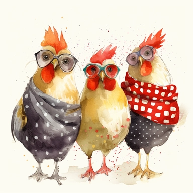 three chickens each different one with red polka dot head scarf, one with glasses and the other with nothing all looking comically miffed, clipart, illustration, colorful sketch
