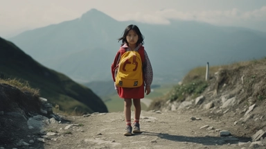 50mm film still shot on Nikon D800E, an asian little rural girl in red clothes with a schoolbag on her back goes to school on a mountain road, countryside, muddy mountain road, blue sky, high detailed, photorealism, film still, movie clip, ultra-detailed, portrait composition, high quality, ultra realism,