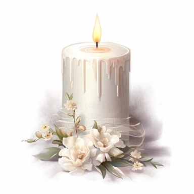 Wedding candle, clipart, white background, in the style of elegant realism, muted and subtle tones, detailed painting, transparency and lightness
