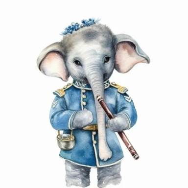 baby elephant as a marching band flute player, watercolor clipart, nursery style