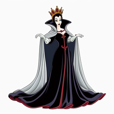 2d thick-lined clipart illustration of an evil but beautiful countess, in the style of 1959's sleeping beauty movie, white background