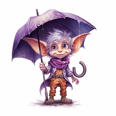 Cute Adorable magical little Elf with big pointed ears holds a umbrella in his hand wears a raincape and stand in the rain on a country road, clipart, photorealistic illustration, watercolor, high detail, 8k polished, 8k, vibrant colors, sticker, majestic, die cut, black and purple color, white background