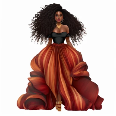 stunningly beautiful full body afican american woman clipart with voluminous big goddess loc of hair wearing a fashion nova outfit??, fashionable, isolated design, clipart image inspired by Hui Mu