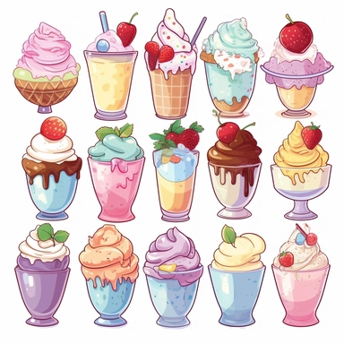 lots of different kinds of ice cream shop desserts like banana splits and sundaes, kawaii, pastel colors, anime, clip art, white background