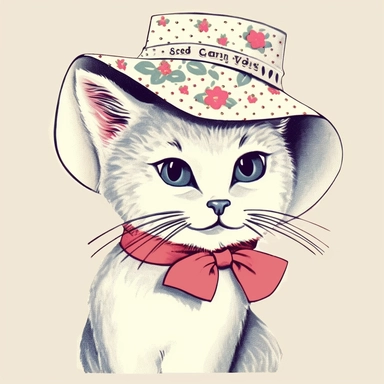 white vintage looking kawaii cat wearing hat clip art