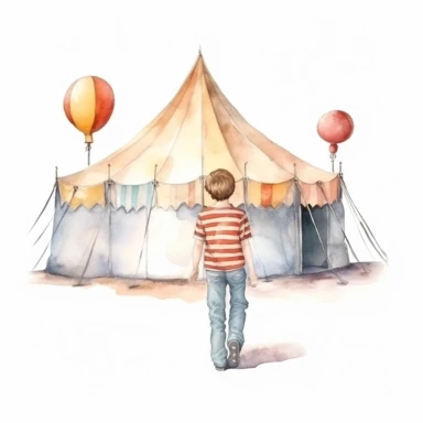 hand drawn back of little boy walking to the circus tent holding a balloon , glamorous, soft, detailed and realistic, watercolor, clipart style, white background with margins