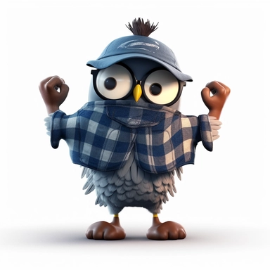 please create pixar style character clipart of an owl dressed like a rapper, back view with arms flexing