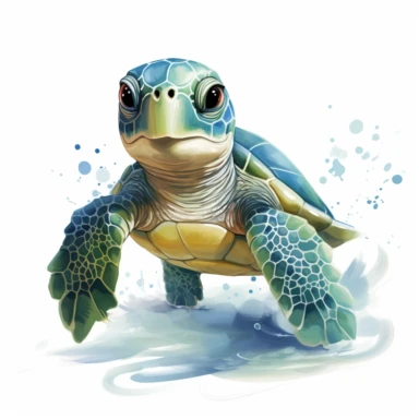 Design a caricature watercolor-style clipart of a delightful baby sea turtle, exaggerating its charming features with a palette of vibrant greens and light blues. Begin with the baby turtle, emphasizing its small yet sturdy shell using various tones of green. Use energetic, broad brushstrokes to illustrate the texture of the shell, allowing the colors to mingle freely to give a sense of depth and charm. Next, focus on the turtle's adorable head and flippers, using a brighter shade of blue to dis