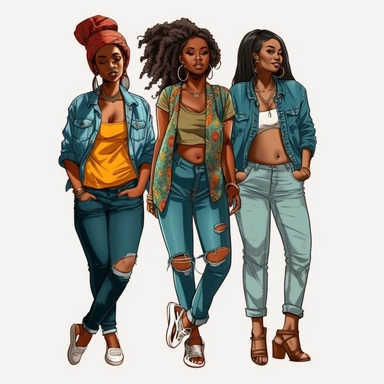 full body, 3 full-figure African-American women in streetwear, clipart style, whiote background, highly detailed, very attractive, glamourous, make up beautiful, gorgeous, glowing, happy smiling