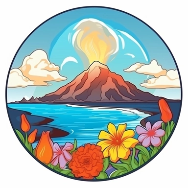 Sticker, clipart, bright colors, Brush painted volcano with tulip flower inside and coastline beneath ,contour, vector, white background, white outline, circle frame.