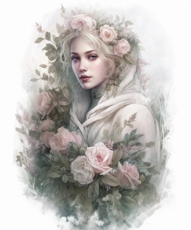 isolated on white illustration watercolor art of a portrait of beautiful feminine princess, overgrown with white and light pink roses and flowers, covered with snow and ice, a lot of moss and branches, lace and embroidery, trees, fur cape, masterpiece by Tom Bagshaw style and by Hans Zatzka style and by James C. Christensen style and by Alexander Jansson style, Baroque fashion, PNG clipart, isolated on white, white background, extreme photorealistic details, 32k HD resolution, realistic high det