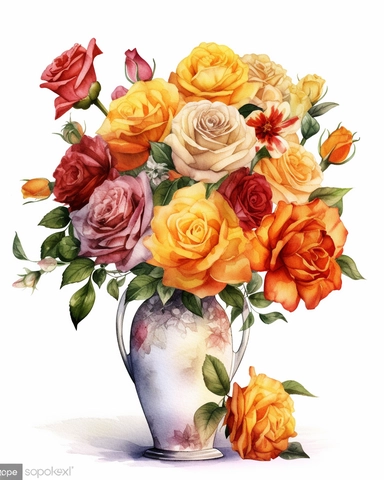 Watercolor clipart of a vase with mix of various colors of roses like orange + red + yellow + white , isolated from solid white background, 8k, intricate details, boardwalk colors