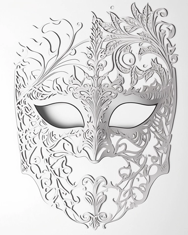 white coloring page of a white masquerade mask with intricate cut-outs, delicate linework, simplified line work, free brushwork, 15th century vintage masquerade for adults black and white drawings, in the style of tanya shatseva, in the style of fantasy illustrations, in the style of fantasy illustrations, in the style of art nouveau-inspired illustrations, in the style of intricate pen drawings, in the style of intricate linework, in the style of detailed linework, kinuko y. craft, luca della r