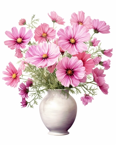 detailed vibrant watercolor bouquet of pink cosmos in plain ceramic vase white space , isolated on white background, realistic, clipart