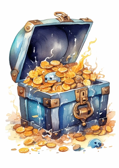 cute watercolor underwater pirate treasure chest full of gold clipart, full body, hd, on white background, spaced out