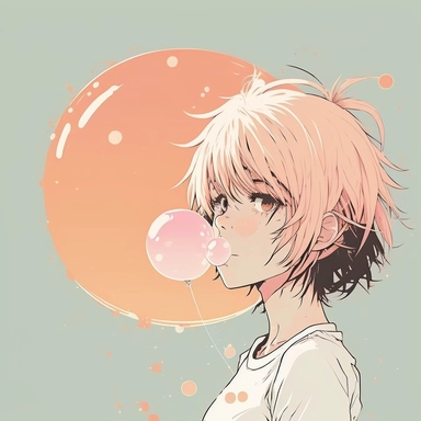 anime, 2d, matte color, beautiful girl, big eyelashes, blowing bubblegum ball, sassy, minimal, vector art, clipart, pastel colors