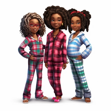 3D toy of 3 young happy black girls in matching plaid pajamas on Christmas in the style of boondocks in the style of marvel comics cartoon with white background can't believe how beautiful this is clipart, graphic vector, isolated on white background