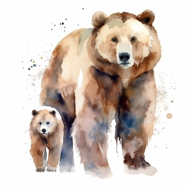 watercolor illustration, grizzly bear with his son, realistic, clipart, high definition, white background