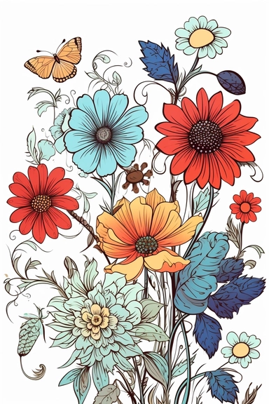 line drawing clipart of flowers in black and white, coloured in