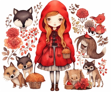 red riding hood clipart, vector art, clip art, clipart, in the style of claudia tremblay, birds & flowers, kawaii manga, realistic watercolors, dark white and light orange, eleanor fortescue-brickdale, isolated figures