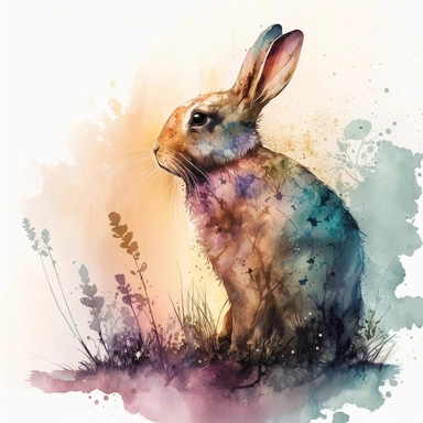 Create a lively watercolor depiction of a rabbit, radiating an aura of curiosity and innocence. The image should echo the rabbit's gentle yet playful nature, making it a captivating piece of clipart. The medium should remain watercolor, taking cues from the dynamic art of Dean Crouser. The style should be vibrant and fluid, letting the colors tell the tale. The lighting should be low-key yet balanced, so that the colors and the fluid brushwork remain at the forefront. The color palette should fe