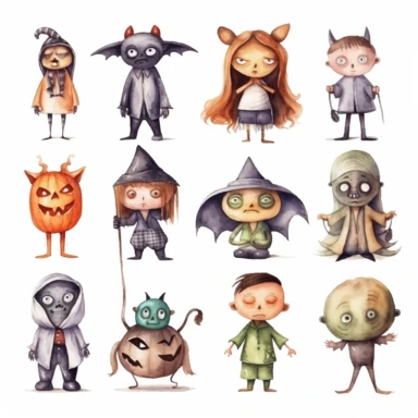 Watercolor Cute Halloween characterset: Bat, Ghost, Frankenstein, Dracula, Jack-o-Lantern, Mummy, Zombie, Witch, Grim Reaper Clipart hd, isolated on white background