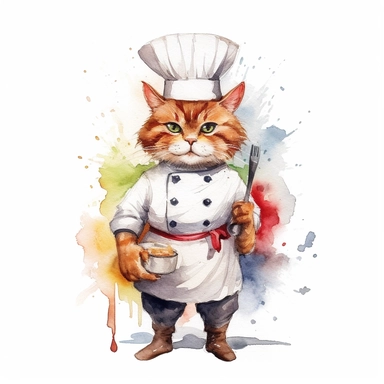 watercolor cat in chef outfit, white background, canvas, clip art