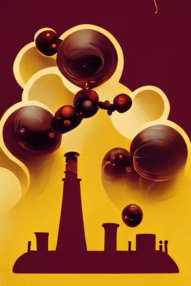 chemical industry in maroon and gold silhouette, factory, chemical bonds, scientific, 2D, clipart, icons, insane details, intricate, 35mm