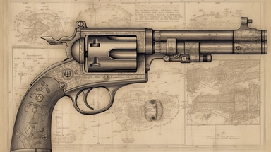 A detailed diagrammatic illustration of an old vintage gun, showcasing its mechanical intricacies and features in a technical style. The gun can be any type, such as a classic revolver or a musket, and should evoke a nostalgic feel. The background can be a simple color or a textured pattern, with additional elements such as bullet casings or a shooting range. This clipart is perfect for use in historical-themed projects, gun-related advertising, or vintage-inspired designs.