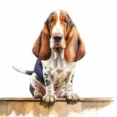 close up high detailed, Hand drawn watercolor clipart of Bassett Hound on a porch, on a pure white background for background removal, no shadow, no paint splash