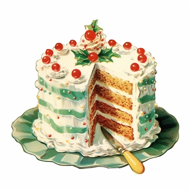 vintage Christmas cake clipart, with frosting, sprinkles, candy, m’n’ms, 1940s , chromolithograph, on a white background