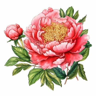 Ultra detailed Peony with branch and leaf clipart, vibrant color, super cute, spring peony clipart, spring large bouquet