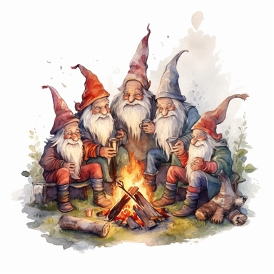 watercolor, hyper realistic, white background, white margins, 16k, ultra detailed clipart, cut out image, hand-drawn gnomes gathered around a bonfire,