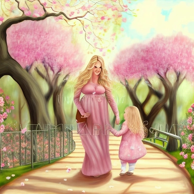 beautiful young pregnant mother with long beautiful blonde hair, toddler daughter with long beautiful hair holding hands walking in park, flowering trees, path lined with benches, highly detailed, realistic, fantasy, ethereal, soft colors, sharp focus, clipart style, fix dress