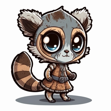 small cute anthropomorphic chibi lemur animal, standing on two legs, dressed like a woman, wearing a dress, clipart, in sticker style, in comics style, cell shading