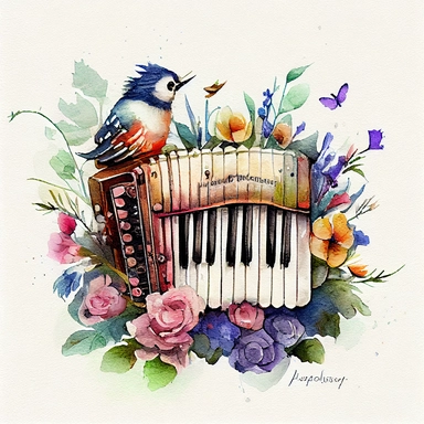 Old A Hohner Mignon child's piano accordion ( a little floral, tiny bird on it) watercolor clipart